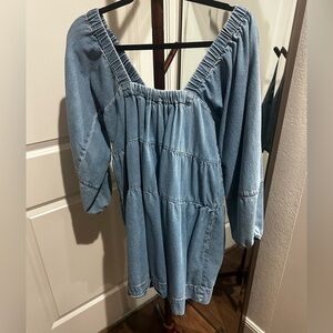 Free People Light Wash Denim Off-Shoulder Babydoll Dress